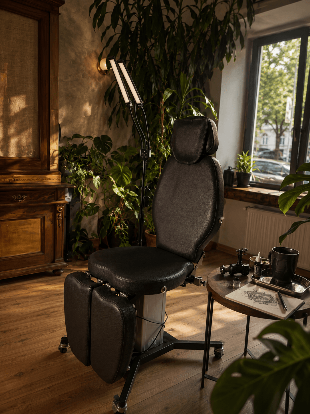 The tattoo chair and plants inside the Leo Acosta Atelier studio in Prenzlauer Berg