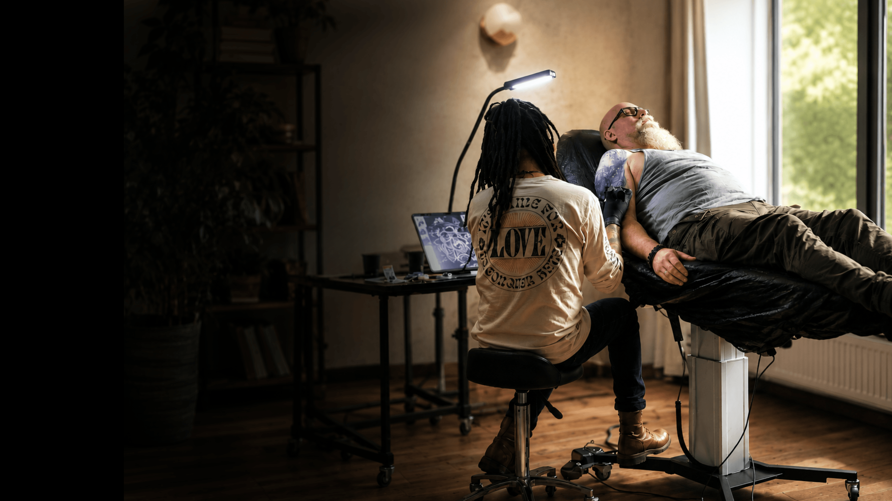 Leo Acosta tattooing a client in his Berlin atelier
